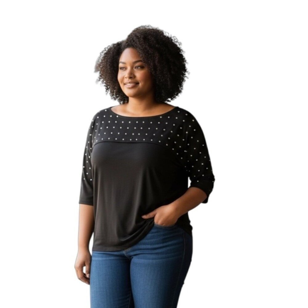 Ruby Rd Studded Top~Size Petite Large~Black/Silver Colorful Embellishments L6 13